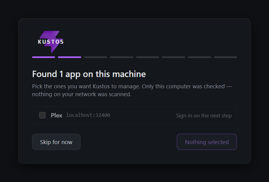 The detect step listing one found app, Plex on localhost:32400, with a tickbox beside it and a Skip for now button