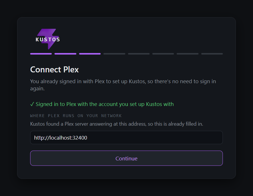 Connect Plex: already signed in with the account that set Kustos up, and the server address http://localhost:32400 filled in
