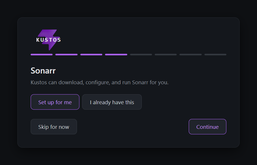 The Sonarr step, offering "Set up for me" or "I already have this"