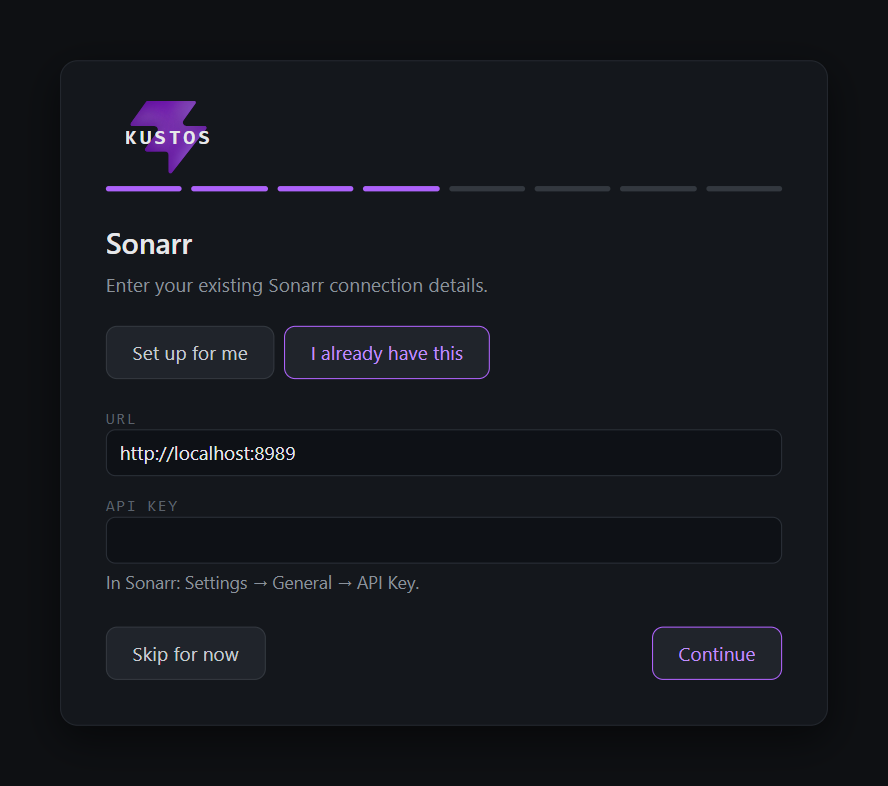 The same step after choosing "I already have this": a URL field reading http://localhost:8989, an empty API key field, and a hint reading "In Sonarr: Settings → General → API Key"