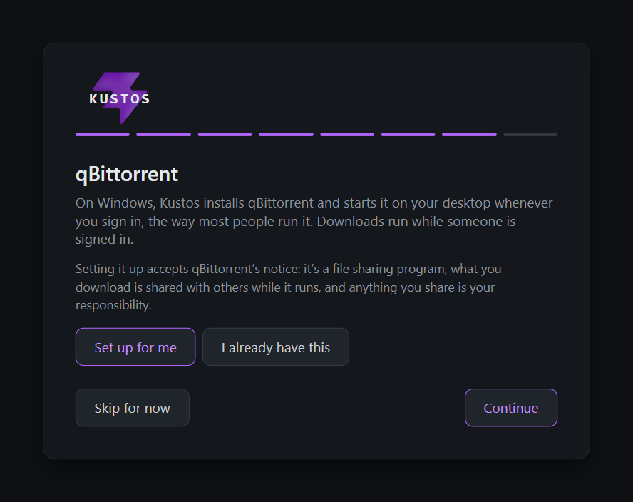 The qBittorrent step, explaining that Kustos installs it and starts it when you sign in, and that setting it up accepts qBittorrent's notice about file sharing