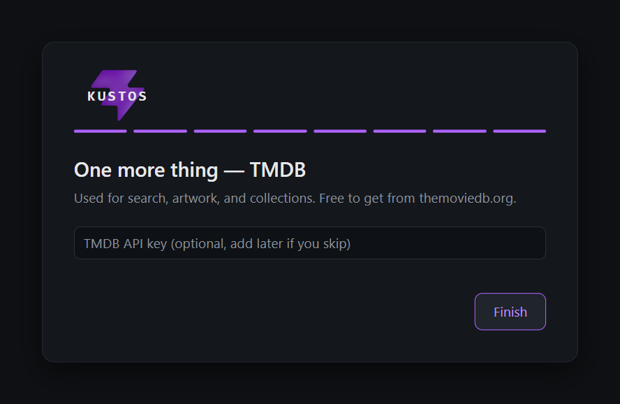 The final onboarding step, "One more thing — TMDB", with an optional API key field and a Finish button