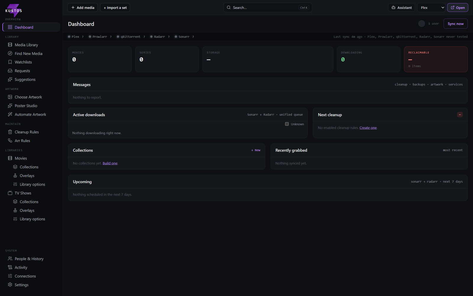 The Kustos dashboard on a fresh install: zero movies, zero series, nothing downloading, no collections yet and nothing to report
