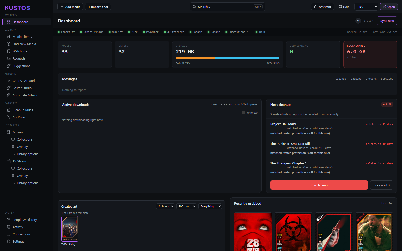 The Kustos dashboard: service status, library totals, messages, the download queue and what cleanup will remove next.
