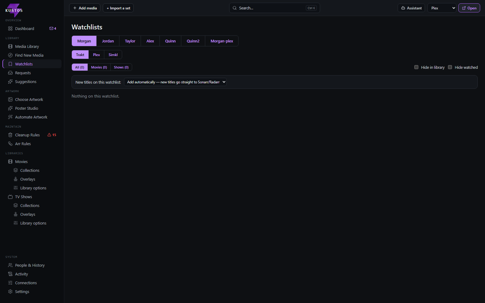Watchlists: one tab per person, a service switch for Trakt / Plex / Simkl, and the per-list "new titles" rule