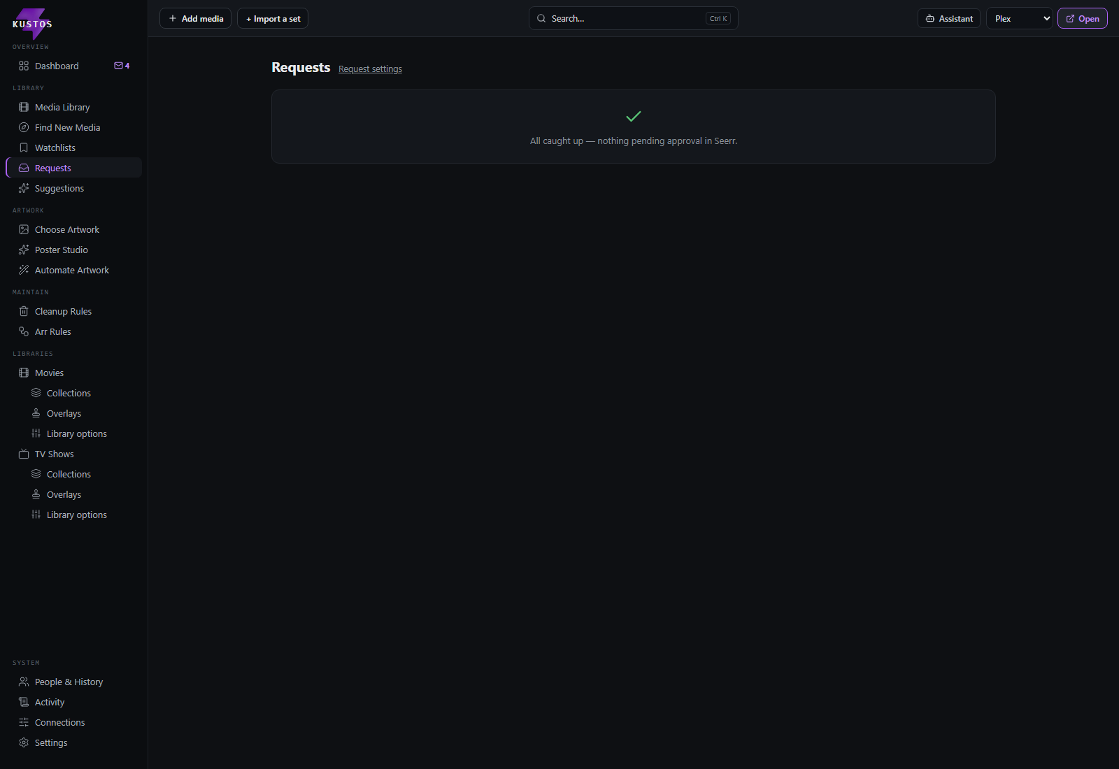 Requests: the Seerr queue at the top, then titles pulled from household watchlists with who asked and when