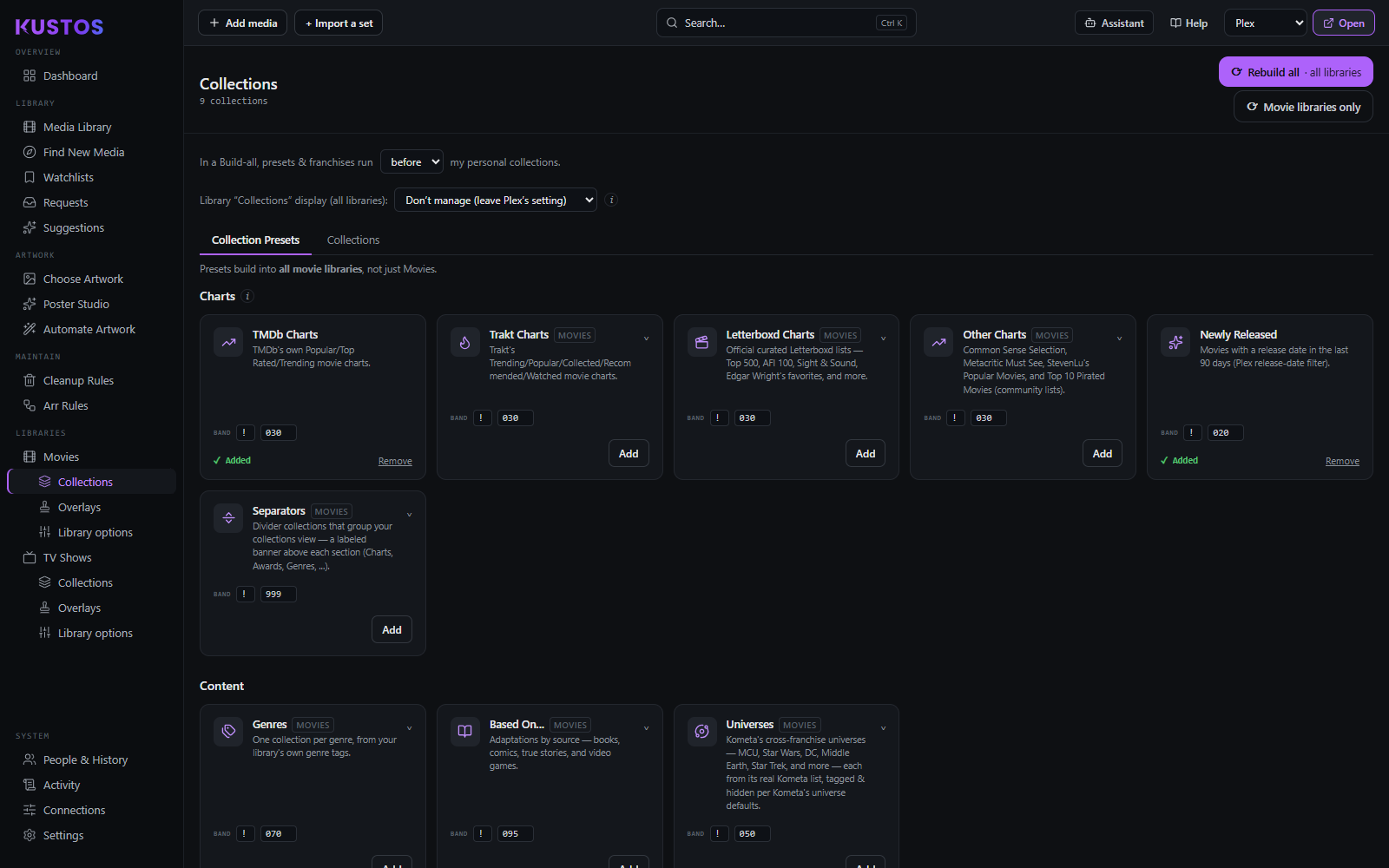 The Collection Presets tab: Charts and Content cards, each saying what it builds, with a band number that sets where it sorts in Plex, and Add, or Added with Remove