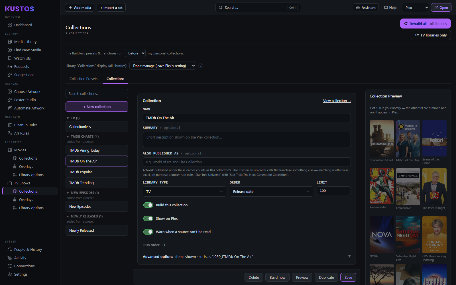 The Collections tab: every collection in the library, grouped, with the editor open on one of them