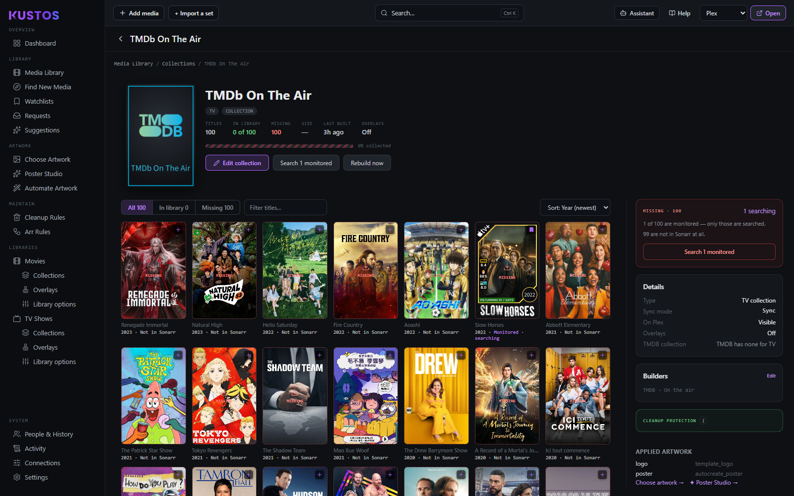 One collection opened on its own page (Media Library → Collections): the stats across the top count what is in your library against what is missing, every missing title wears a MISSING badge, and the panel on the right says only the monitored ones get searched