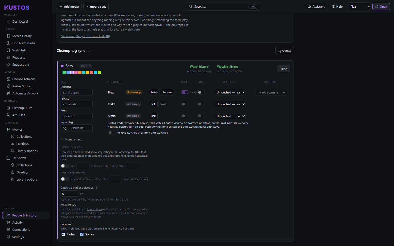 One person's card opened out: their cleanup tags on the left, then one row per service with its link state, PULL and PUSH switches and watchlist mode, the selector for absorbing old accounts, and More settings below for how long a half-finished show stays protected