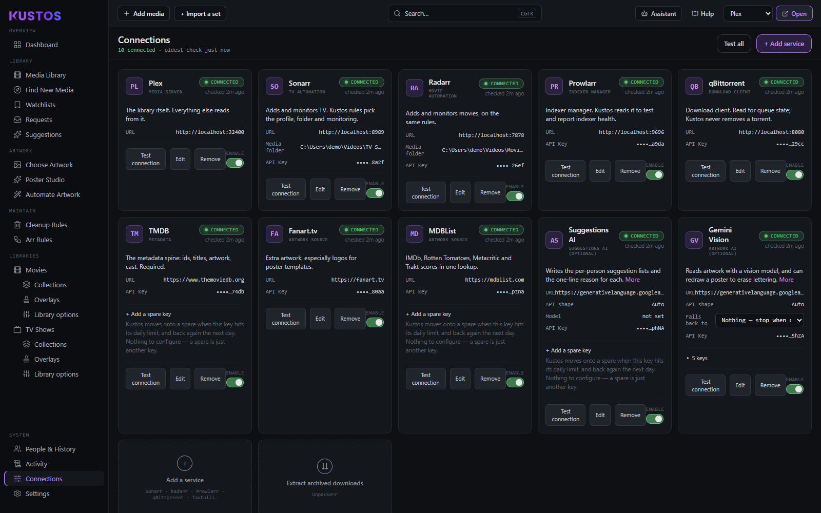 Connections: every service Kustos talks to and whether it answered