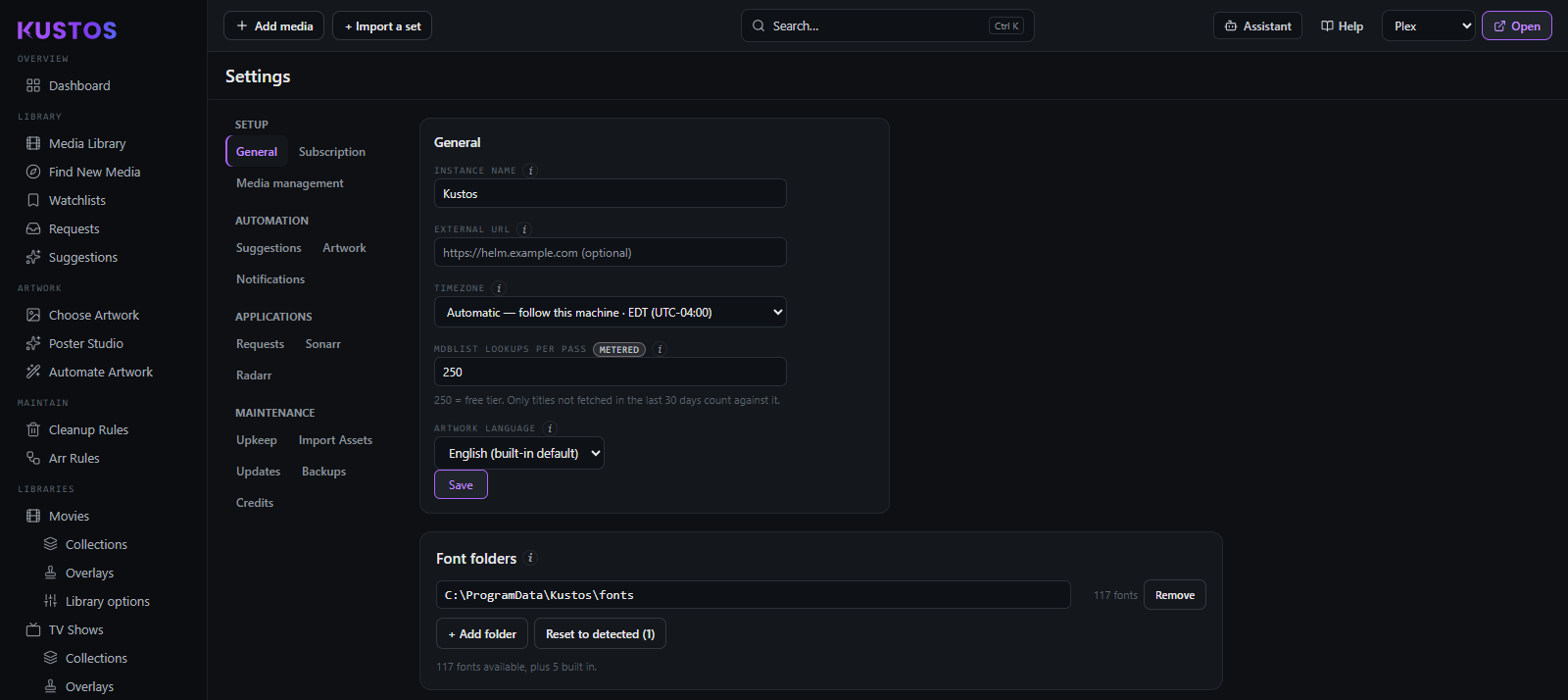 Settings → General, with the sub-nav grouping every settings section under Setup, Automation, Applications and Maintenance