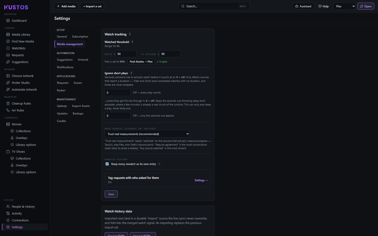 Settings -> Media management: the watched threshold for movies and episodes, which Kustos can push to Plex, the two "ignore short plays" floors, and which source wins when the sources disagree on "watched"