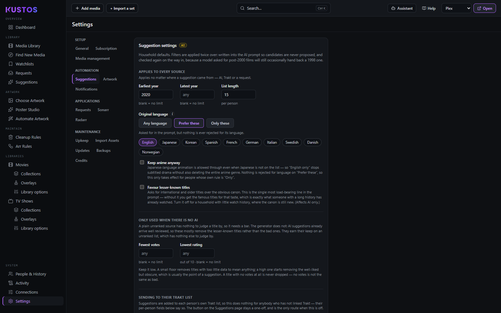 Settings -> Suggestions: the household filters every source is held to