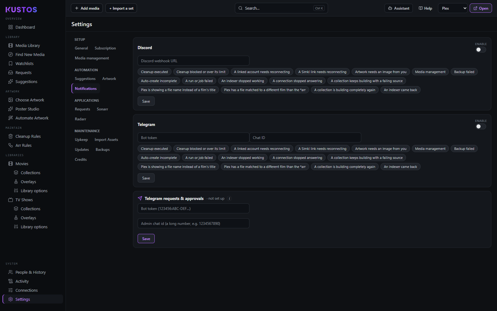 Settings -> Notifications: Telegram and Discord/webhook alerts