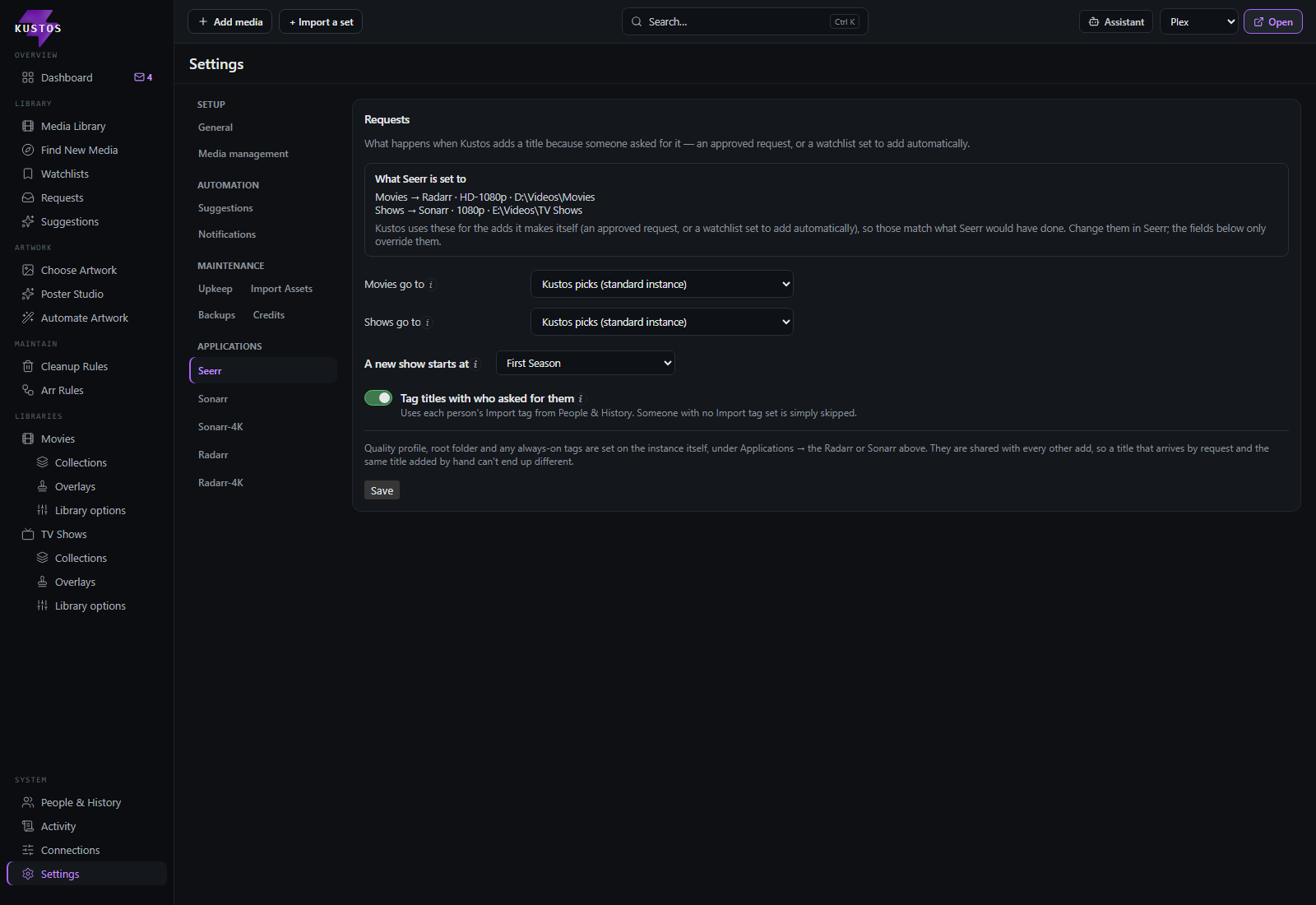 Settings -> Seerr: how Overseerr/Jellyseerr requests are approved and routed