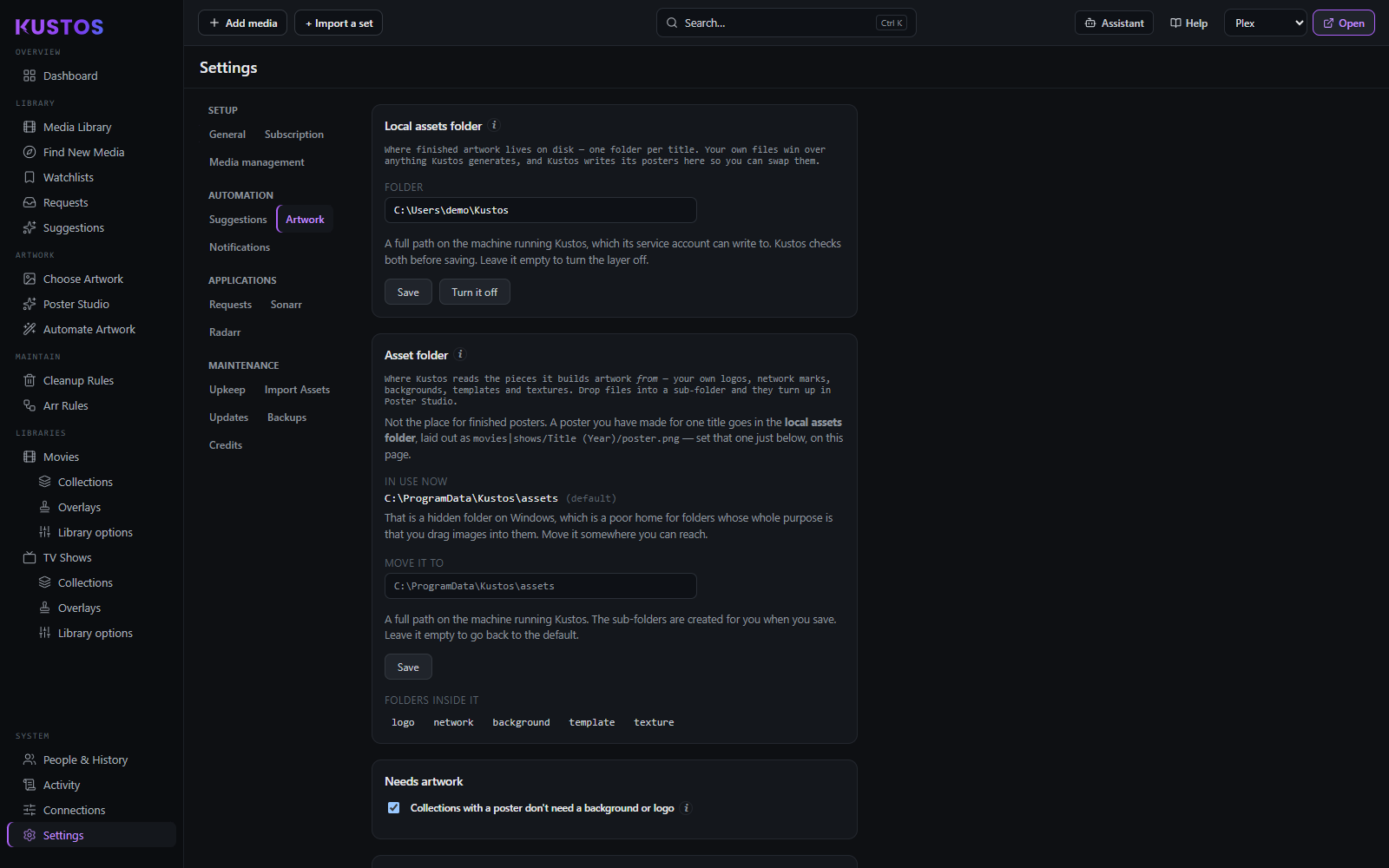 Settings -> Artwork: the local assets folder (finished posters, one folder per title) above the asset folder (the pieces Kustos builds from), each with its path and what it is for