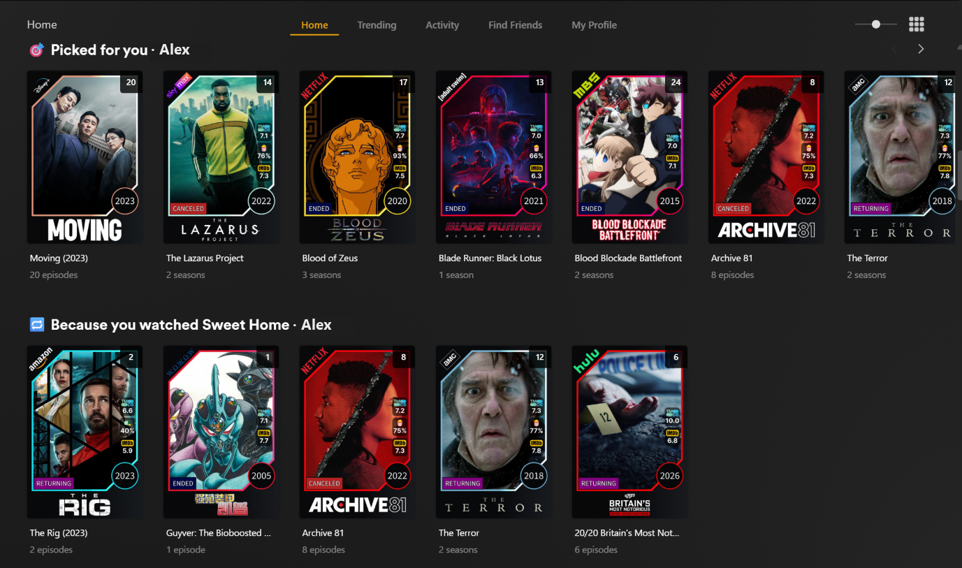 Plex home showing two Kustos rows — "Picked for you" and "Because you watched Sweet Home" — each headed with the person's name, and every poster wearing its Kustos template with network mark, ratings, year and status badges