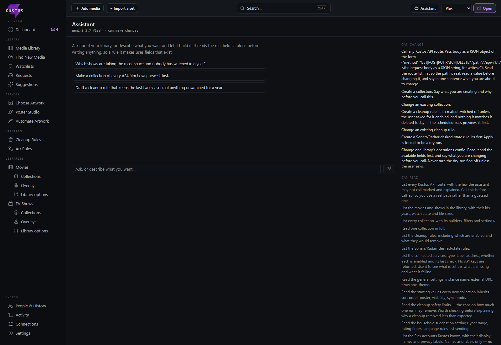 The Kustos assistant, with example requests