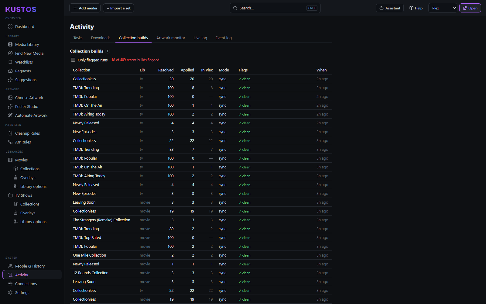 Collection builds: read Resolved, Applied and In Plex side by side for each build