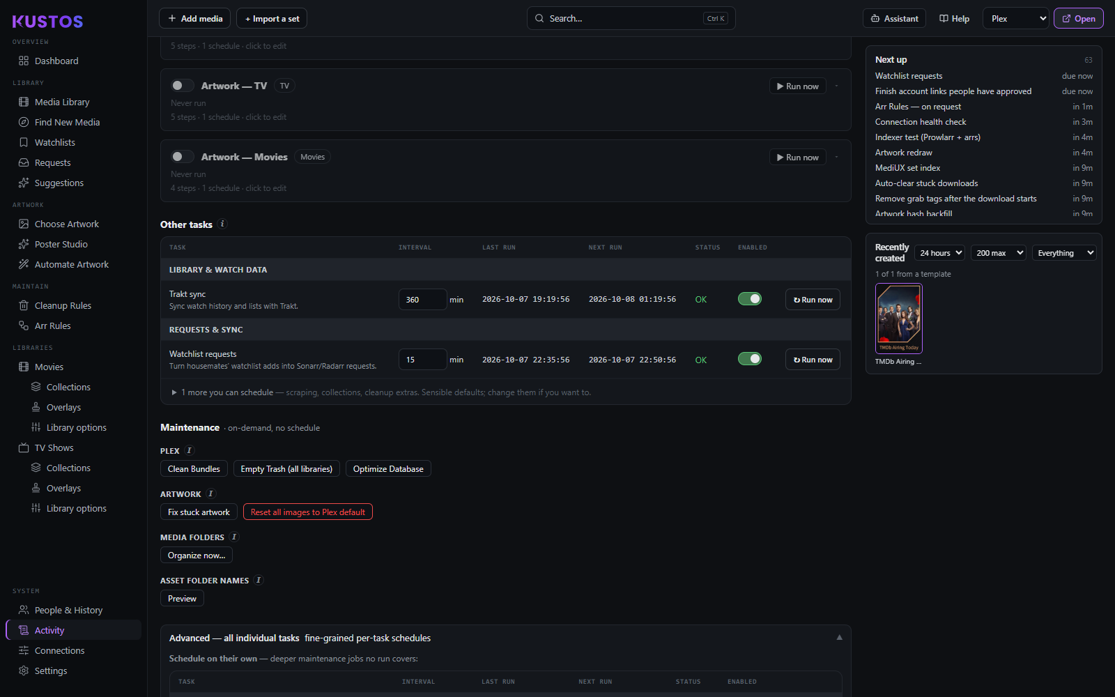 Activity → Tasks, scrolled down: the bottom of the named runs, the Other tasks table with an interval you can edit per row and the "more you can schedule" line, then Maintenance, which is on-demand and has no schedule at all