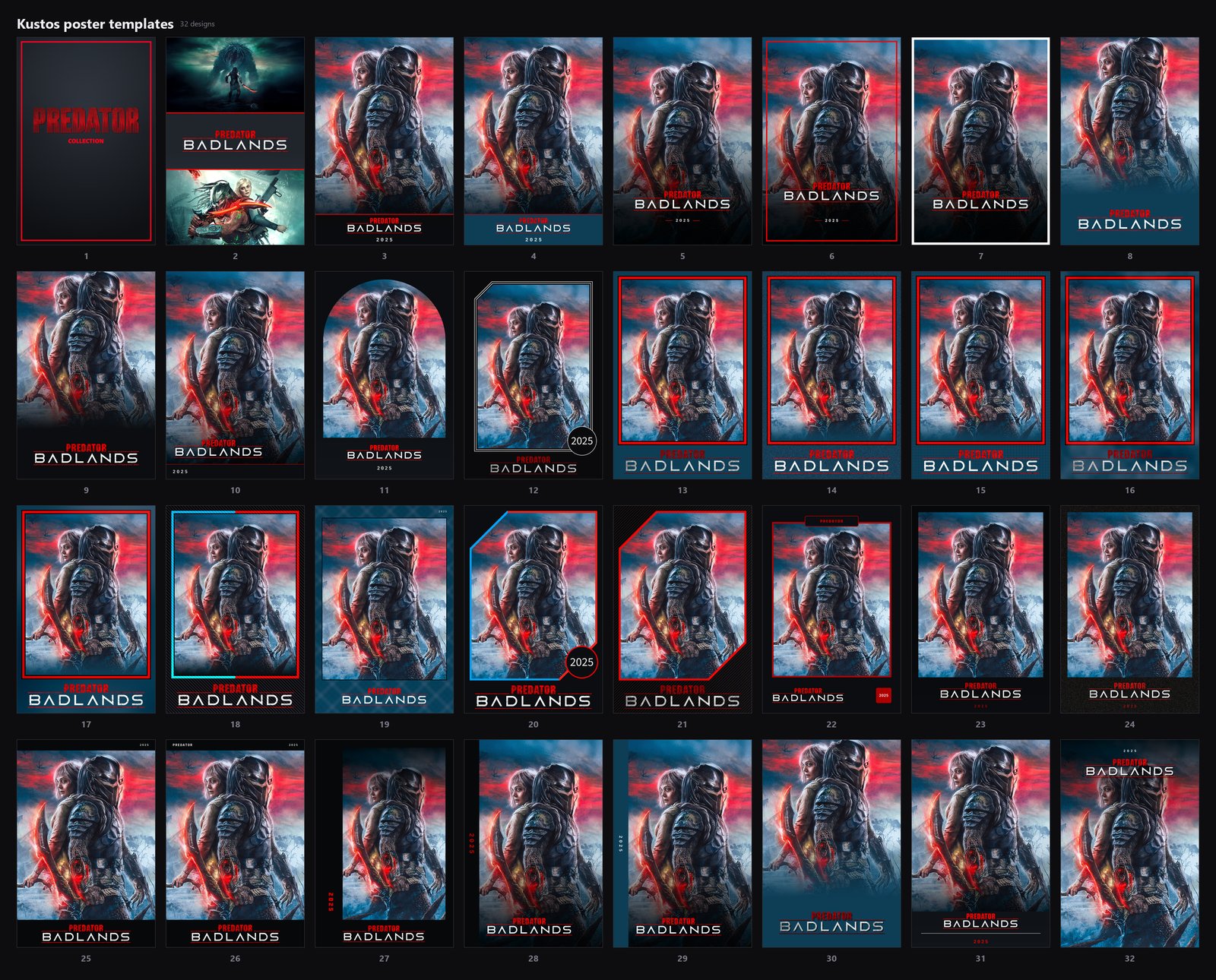 One title, Predator: Badlands, through all 32 poster designs: the collection poster first, then the canvas designs with their frames, bands, badges and year lines