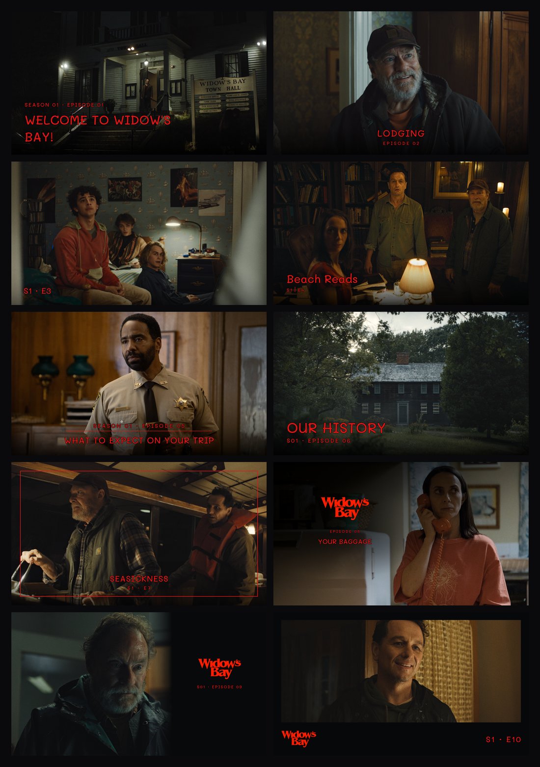 Ten episodes of Widow's Bay, each drawn by a different title-card template: caps bottom-left, centred, serif, a framed card, logo with text