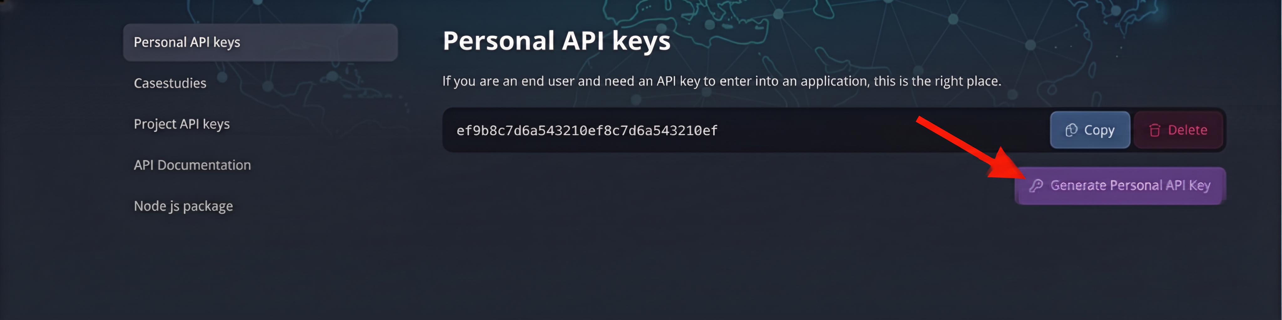 The key appears in place with a Copy button