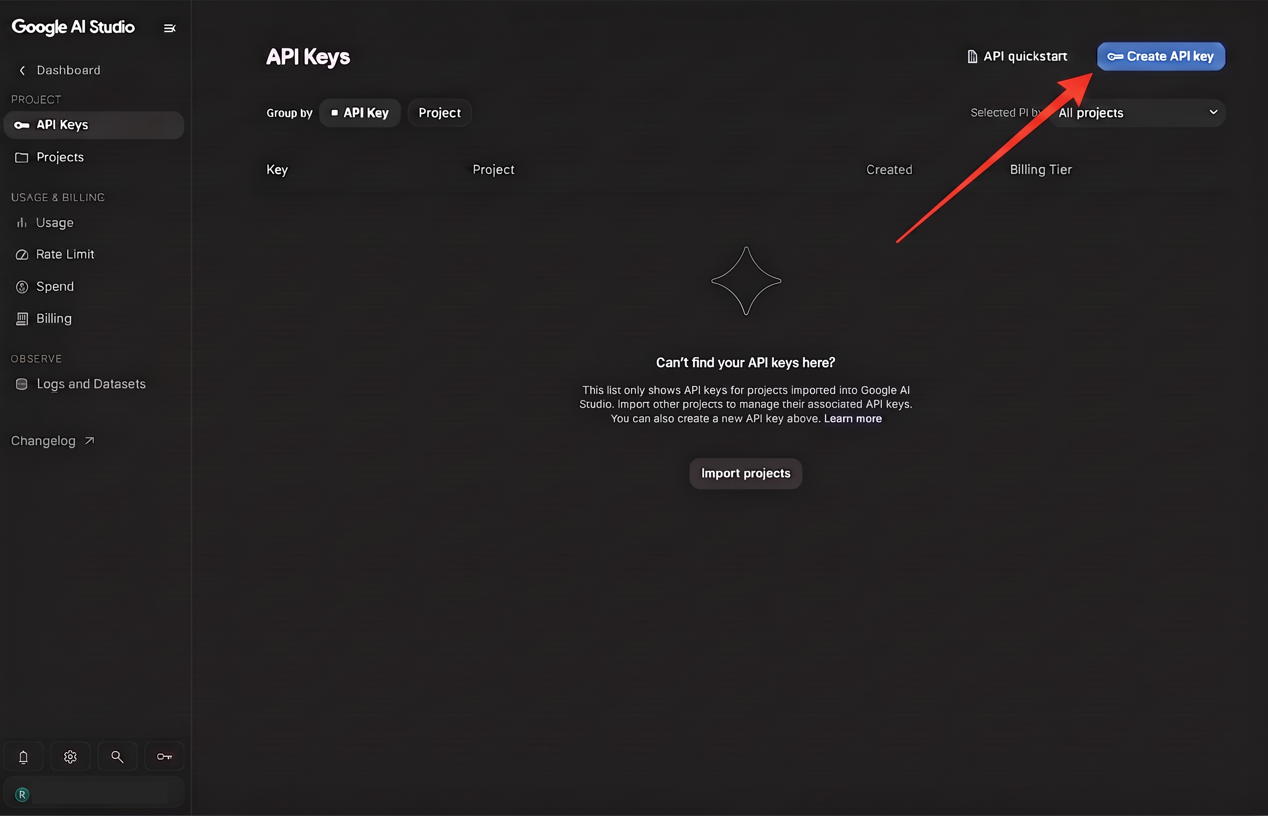 The API Keys page, empty on a new account