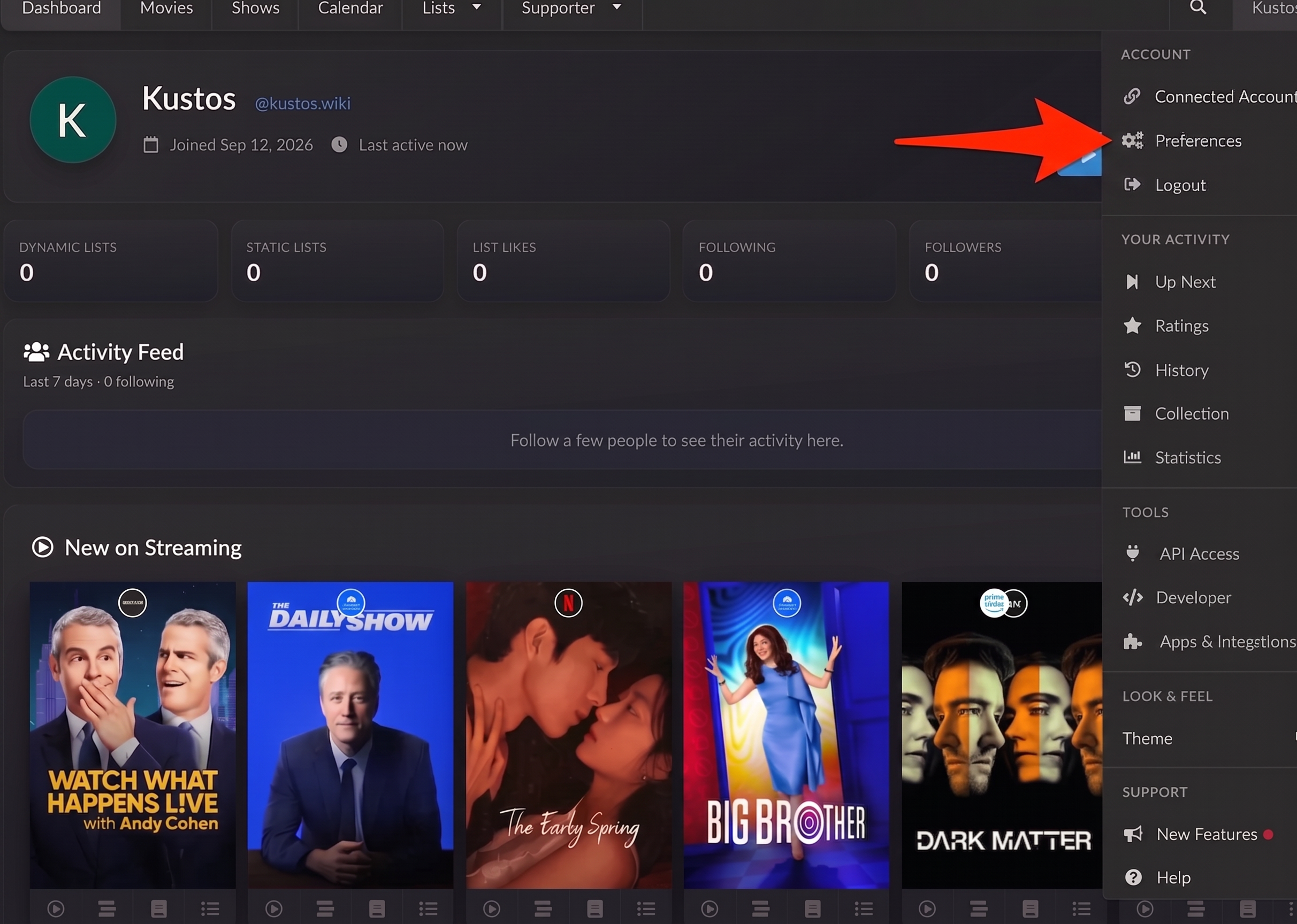 Preferences in the account menu