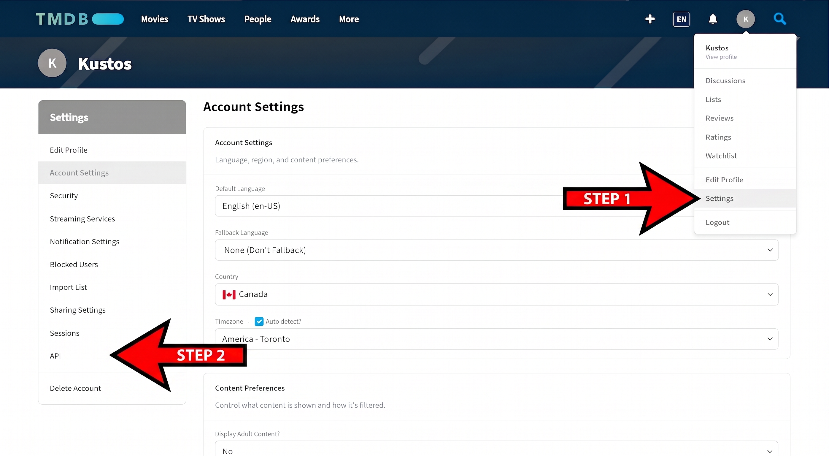 The two clicks: Settings in the avatar menu, then API at the bottom of the settings list