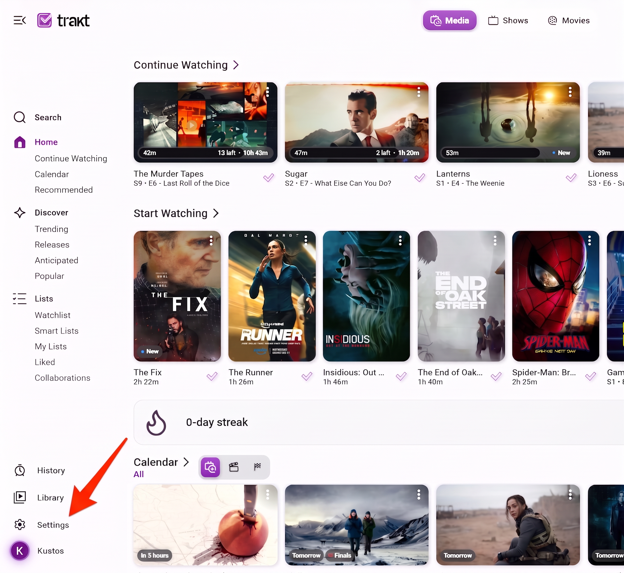 Settings is at the foot of Trakt's left rail, under your account name